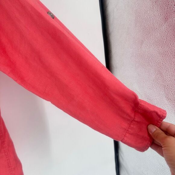 Vintage Chico’s 100% Linen Pink Bombay Button Down Shirt Size XL Roll Tab - Picture 6 of 8